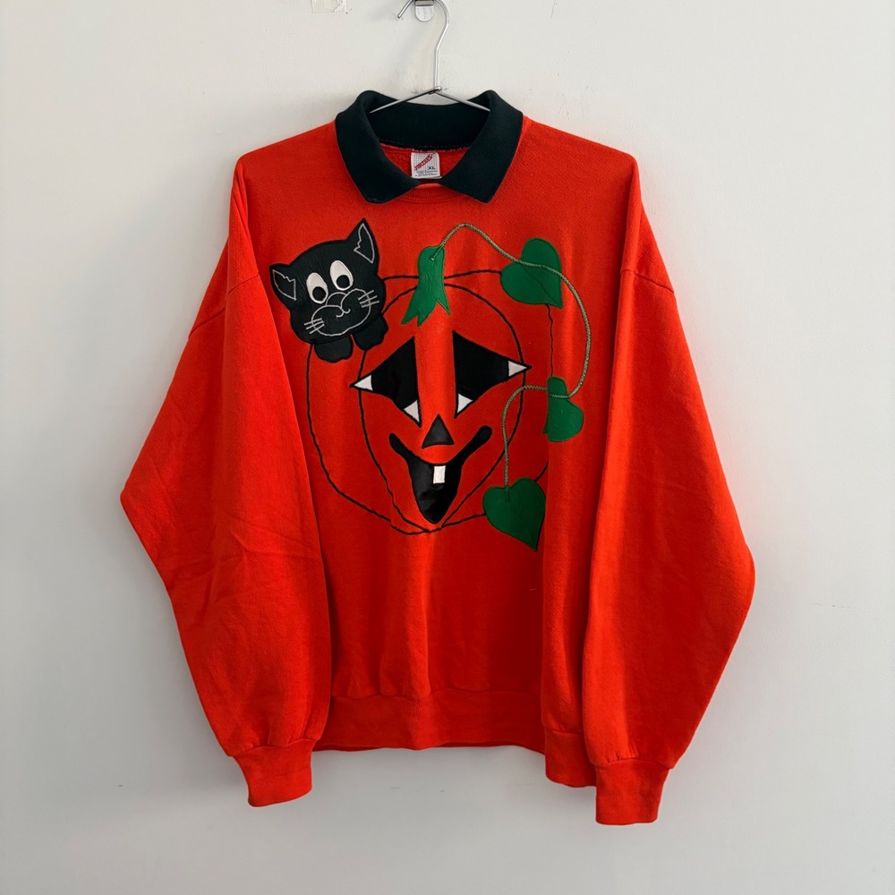 Vintage Jerzees Halloween Pumpkin Black Cat Collared Sweatshirt XL Orange